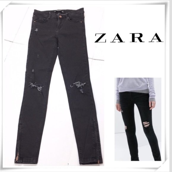 Zara Denim - ZARA Skinny Jeans, Black Distressed Ankle Zip, 2